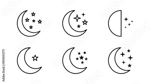 collection of moon and stars, minimal thin icon vector set , white background , PNG and SVG isolate