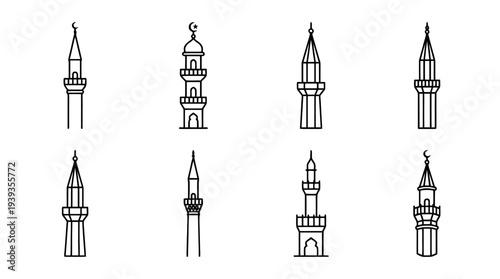 collection of mosque minaret, minimal thin icon vector set , white background , PNG and SVG isolate