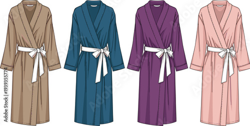Women, bathrobe, set, kimono, robe, collection, spa, sleepwear, loungewear, fashion, illustration, belt, cotton, homewear, brown, blue, purple, pink, clothing, vector