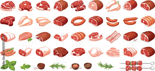 Meat cuts and sausages collection vector illustration beef pork bacon steak ham barbecue ingredients food set