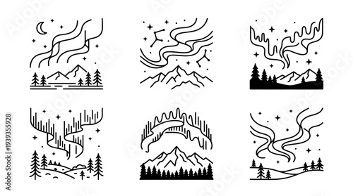 collection of northern lights, minimal thin icon vector set , white background , PNG and SVG isolate