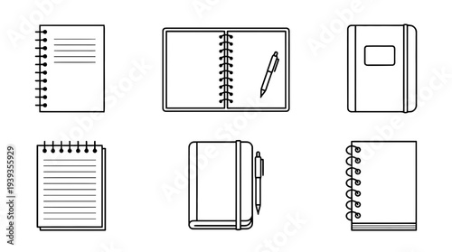 collection of notebook, minimal thin icon vector set , white background , PNG and SVG isolate