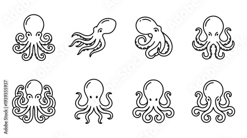 collection of octopus, minimal thin icon vector set , white background , PNG and SVG isolate