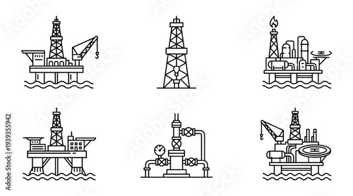 collection of oil rig, minimal thin icon vector set , white background , PNG and SVG isolate
