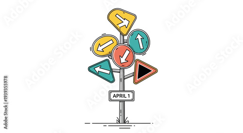 Confusing road signs with arrows pointing in different directions on april 1st