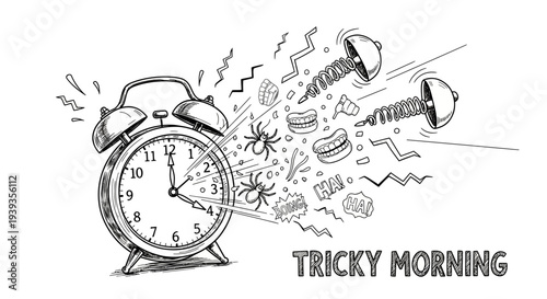 Tricky morning alarm clock exploding with chaotic symbols and objects around it