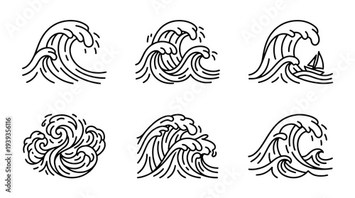 collection of overwhelmed waves, minimal thin icon vector set , white background , PNG and SVG isolate