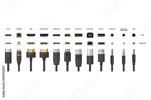 Computer Ports and Cable Connectors Set, USB HDMI Ethernet Audio Jack Interface Collection