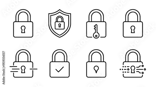 collection of padlock encryption, minimal thin icon vector set , white background , PNG and SVG isolate