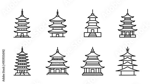 collection of pagoda, minimal thin icon vector set , white background , PNG and SVG isolate