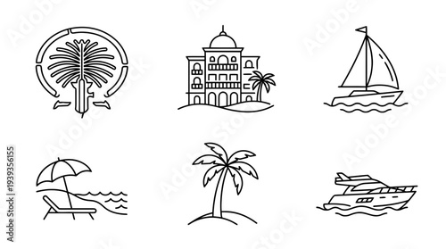 collection of palm island, minimal thin icon vector set , white background , PNG and SVG isolate