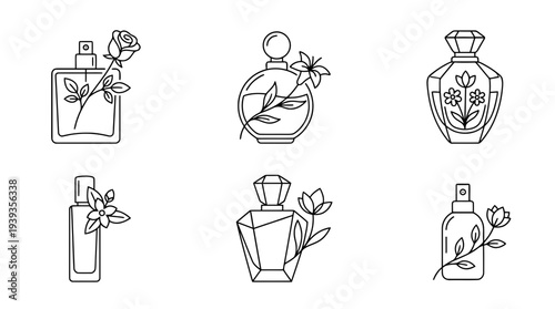 collection of perfume bottle flower, minimal thin icon vector set , white background , PNG and SVG isolate