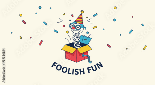 Colorful cartoon character emerges from a gift box with confetti symbolizing joyful surprise and celebration