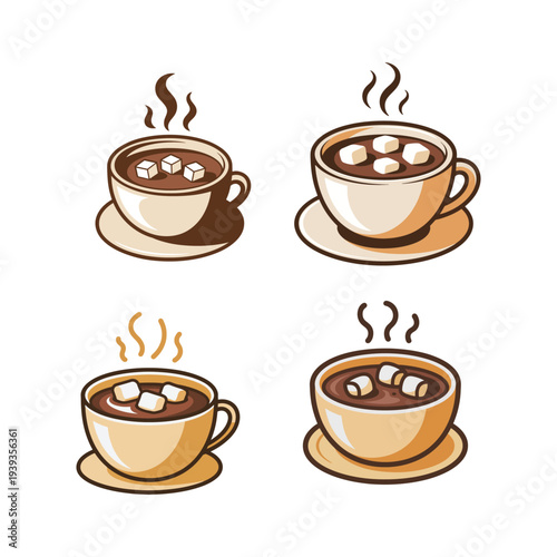 Warm cocoa drink in coffee cup with marshmallows and steam cartoon style vector illustration
