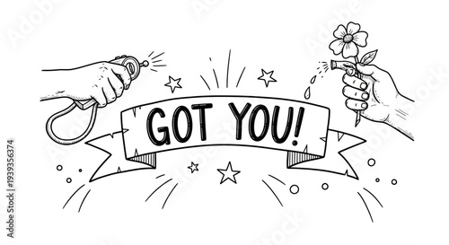 Hands holding water sprayer and flower bouquet with got you banner and stars