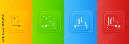 White Figure skates icon isolated on colorful background. Ice skate shoes icon. Sport boots with blades. Set icons in square buttons. Vector