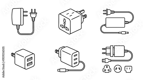 collection of power adapter, minimal thin icon vector set , white background , PNG and SVG isolate