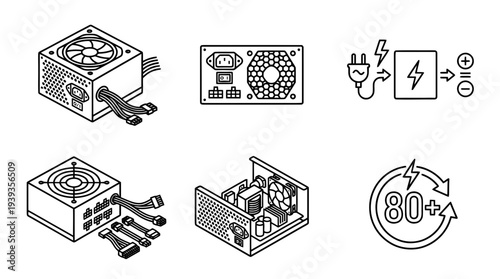 collection of power supply unit, minimal thin icon vector set , white background , PNG and SVG isolate