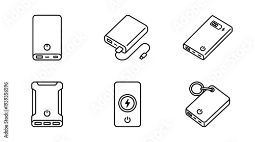 collection of power bank, minimal thin icon vector set , white background , PNG and SVG isolate