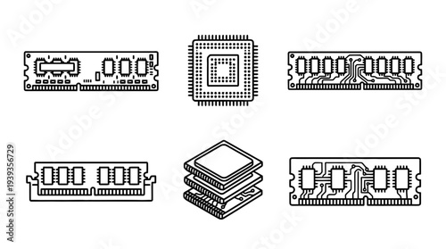 collection of ram chip, minimal thin icon vector set , white background , PNG and SVG isolate