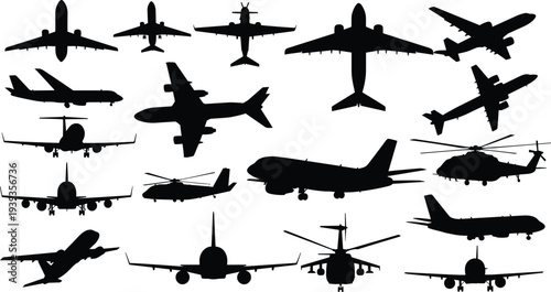   
Aircraft silhouettes featuring airplanes, jets, helicopters and cargo planes in multiple views, aviation vector illustration for transport, military, travel, design