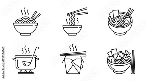 collection of ramen bowl, minimal thin icon vector set , white background , PNG and SVG isolate