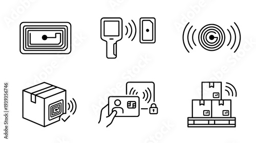 collection of rfid tag, minimal thin icon vector set , white background , PNG and SVG isolate