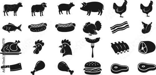Animal and meat product silhouettes including cow, pig, chicken, fish, hot dog, bacon, ribs, vector illustration design