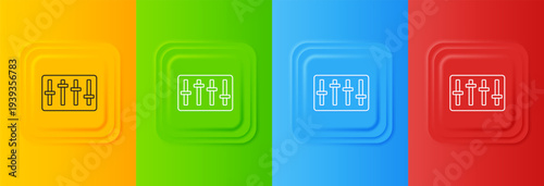 White Sound mixer controller icon isolated on colorful background. Dj equipment slider buttons. Mixing console. Set icons in square buttons. Vector