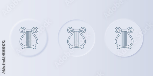 Grey Ancient Greek lyre icon isolated on grey background. Classical music instrument, orhestra string acoustic element. Set icons in square buttons. Vector