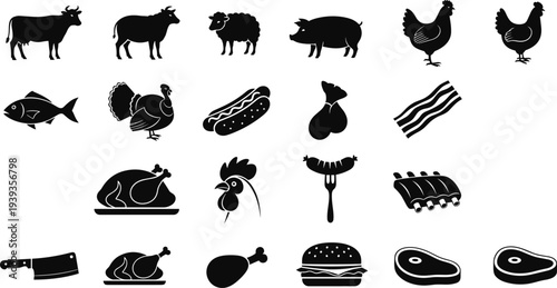 Animal and meat product silhouettes, cow, pig, chicken, fish, turkey, sausages, bacon, steak, butcher cleaver, food vector illustration