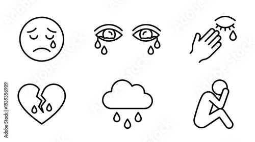 collection of sad crying, minimal thin icon vector set , white background , PNG and SVG isolate