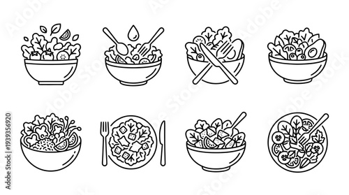 collection of salad bowl, minimal thin icon vector set , white background , PNG and SVG isolate