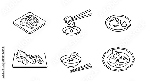 collection of sashimi, minimal thin icon vector set , white background , PNG and SVG isolate