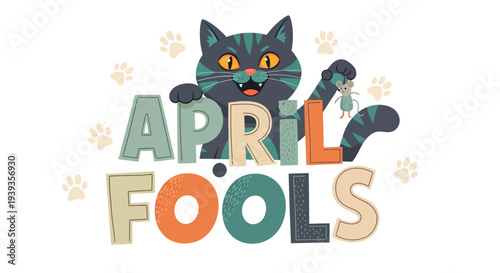 Playful cat peeking behind colorful april fools' day text with paw prints on white background