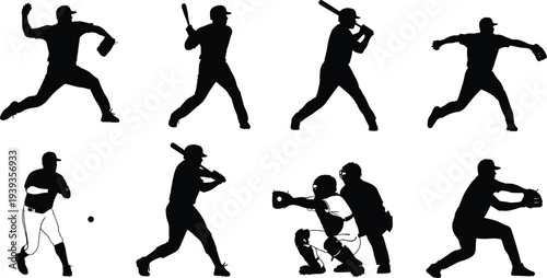 Baseball player silhouettes in pitching, batting, catching, and fielding poses, dynamic sports action illustration, vector design for game artwork