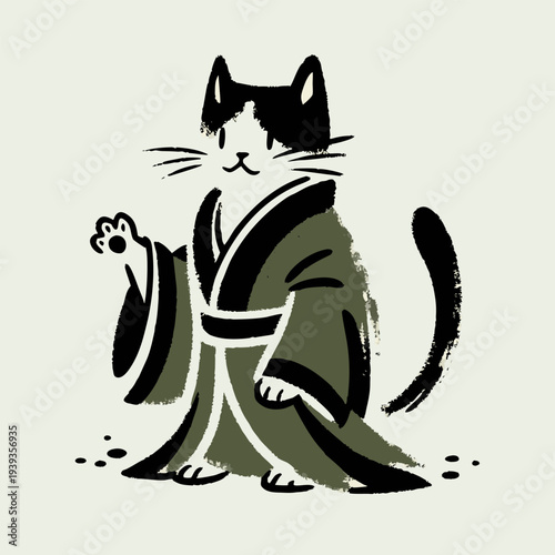 Minimalist Japanese Cat Mascot in Kimono Vector Illustration for Asian Food Branding, Sushi Restaurant Logo, and Kawaii Apparel Design