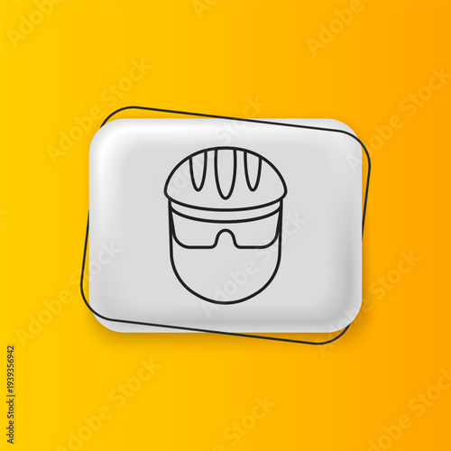 Black Bicycle helmet icon isolated on yellow background. Extreme sport. Sport equipment. Silver rectangle button. Vector