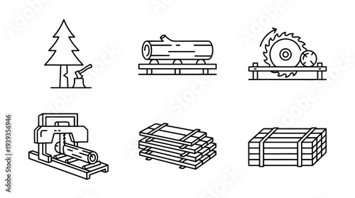 collection of sawmill, minimal thin icon vector set , white background , PNG and SVG isolate