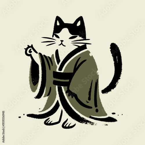 Minimalist Japanese Cat Mascot in Kimono Vector Illustration for Asian Food Branding, Sushi Restaurant Logo, and Kawaii Apparel Design