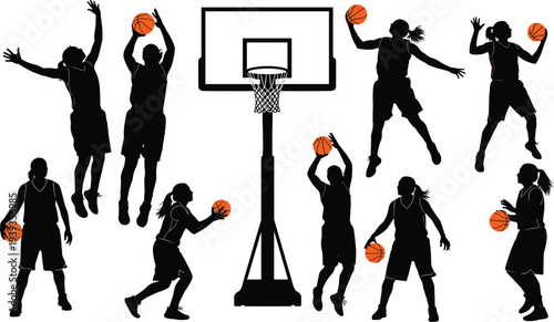 Basketball player silhouettes in dynamic action poses, dribbling, shooting, jumping, passing, hoop illustration, sports energy concept, orange ball detail