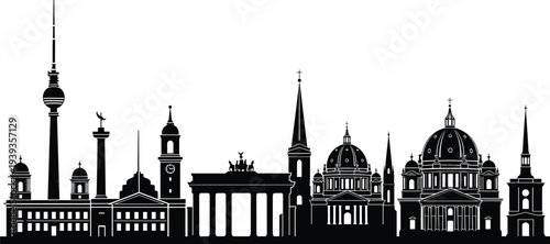 Berlin skyline silhouettes featuring iconic landmarks including Brandenburg Gate, TV Tower, Cathedral, vector illustration for culture, history, travel, education, and design themes