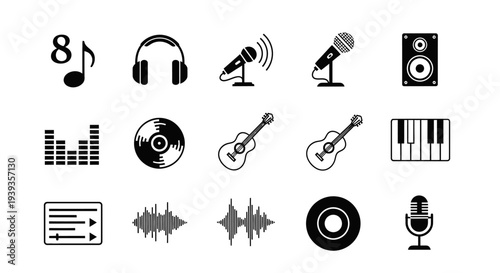 Music and audio production icon set including microphones headphones guitars speakers sound waves vinyl records piano keys and audio level bars