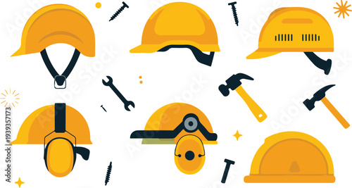 : Construction Safety Gear Icons Set  Hard Hats, Face Shields, Earmuffs, and Tools
