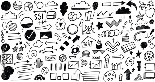 A collection of various black and white icons and symbols on a white background for design and educational purposes
