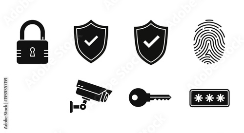 Security icons with padlock, shield with checkmark, fingerprint, surveillance camera, key, and password field