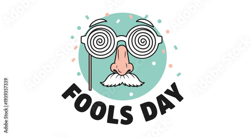 Whimsical illustration of a face with swirly glasses and mustache on fools day colorful confetti background