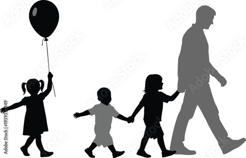 Black silhouettes of adult man walking with children holding hands, balloon, family icons representing guidance, care, companionship isolated on white background