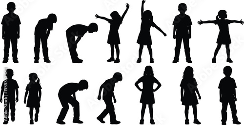 Black silhouettes of children standing, bending, raising arms, extending sideways, diverse playful poses, boys and girls isolated on white background