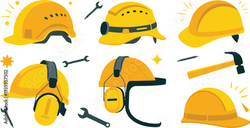: Construction Safety Gear Icons Set  Hard Hats, Face Shields, Earmuffs, and Tools